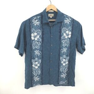 Campia Moda Mens XL Blue Rayon Hibiscus Palm Tree Tropical Aloha Button Up Shirt